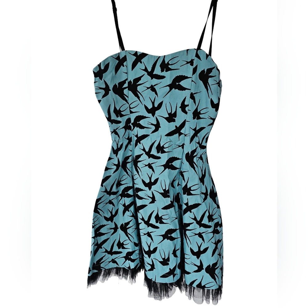 Banjo & Cake Pinup Rockabilly Black Swallows Light Blue Flare Dress S Md